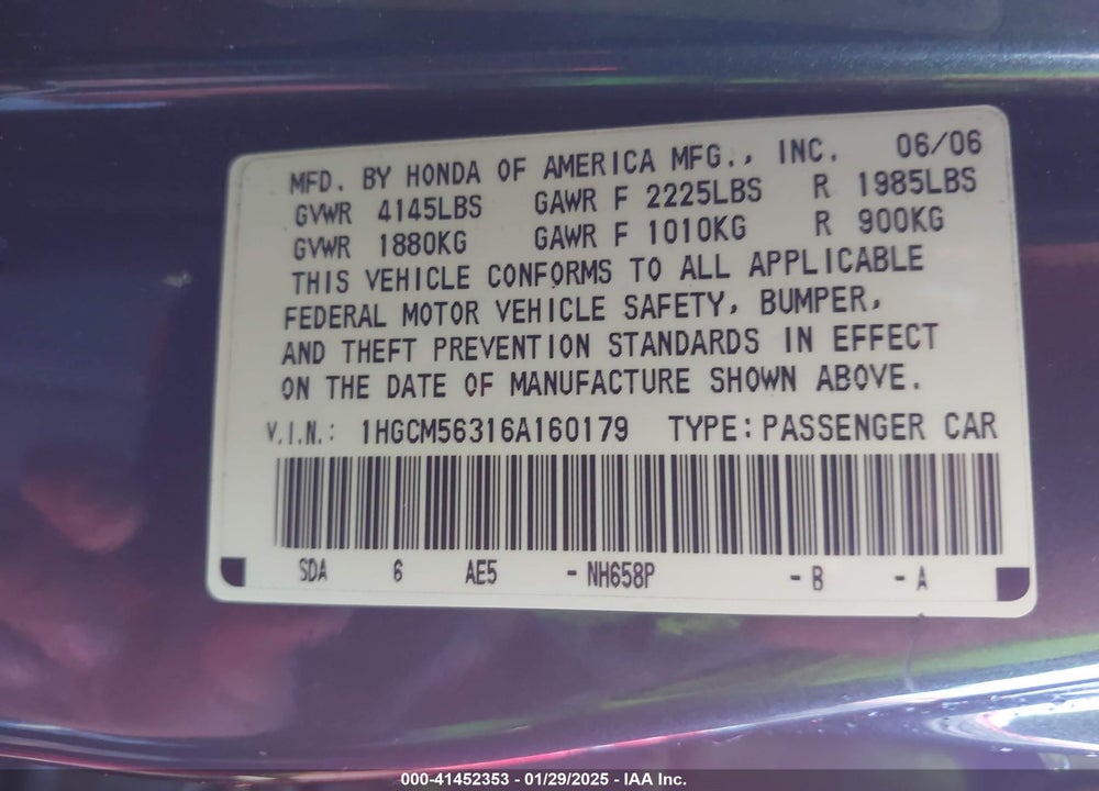 2006 HONDA ACCORD 2.4 SE VIN: 1HGCM56316A160179