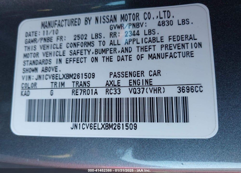 2011 INFINITI G37X VIN: JN1CV6ELXBM261509