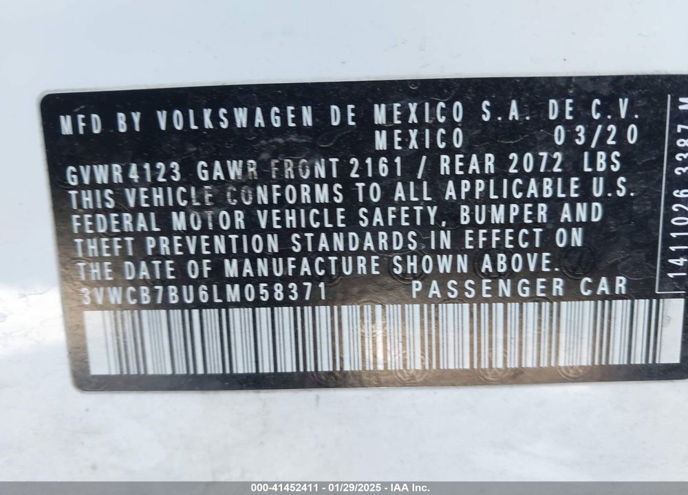 2020 VOLKSWAGEN JETTA VIN: 3VWCB7BU6LM058371