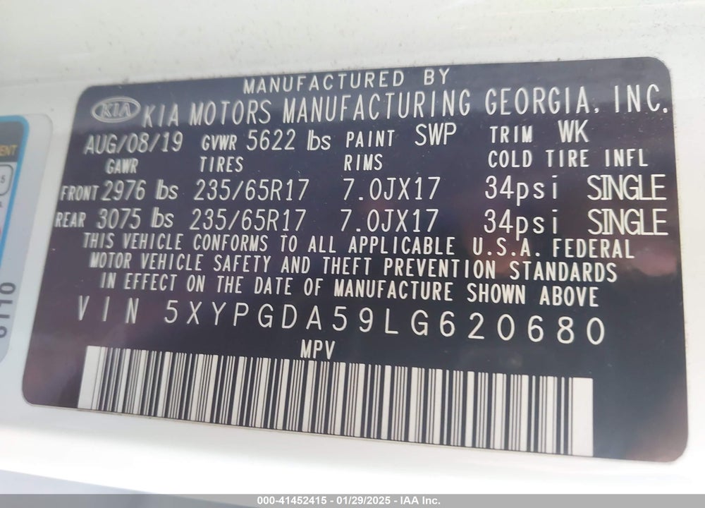 2020 KIA SORENTO VIN: 5XYPGDA59LG620680