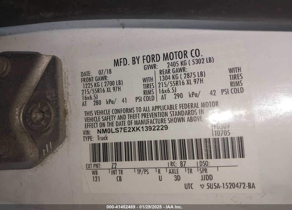 2019 FORD TRANSIT CONNECT XL VIN: NM0LS7E2XK1392229