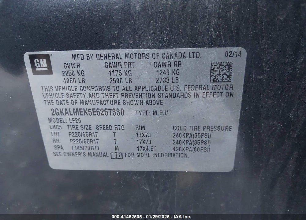 2014 GMC TERRAIN SLE-1 VIN: 2GKALMEK5E6267330