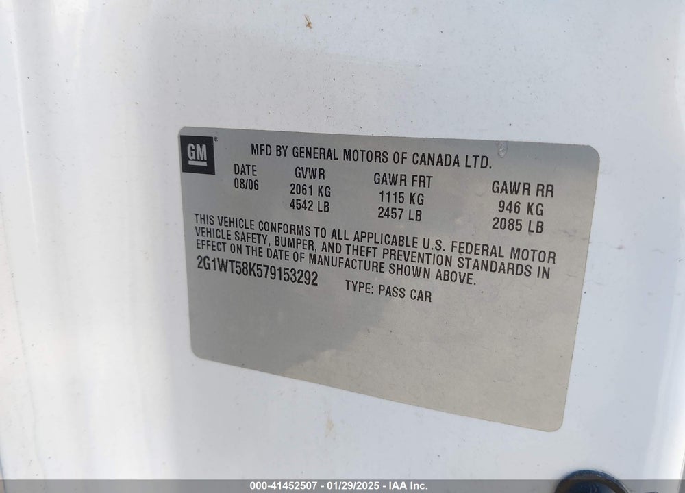 2007 CHEVROLET IMPALA VIN: 2G1WT58K579153292