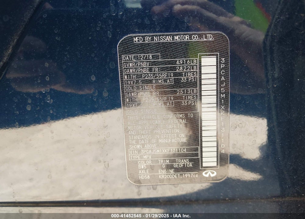 2019 INFINITI QX50 LUXE VIN: 3PCAJ5M1XKF131104