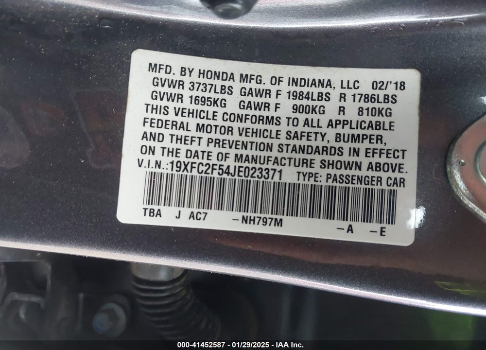 2018 HONDA CIVIC VIN: 19XFC2F54JE023371