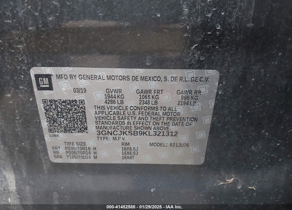 2019 CHEVROLET TRAX LS VIN: 3GNCJKSB9KL321312