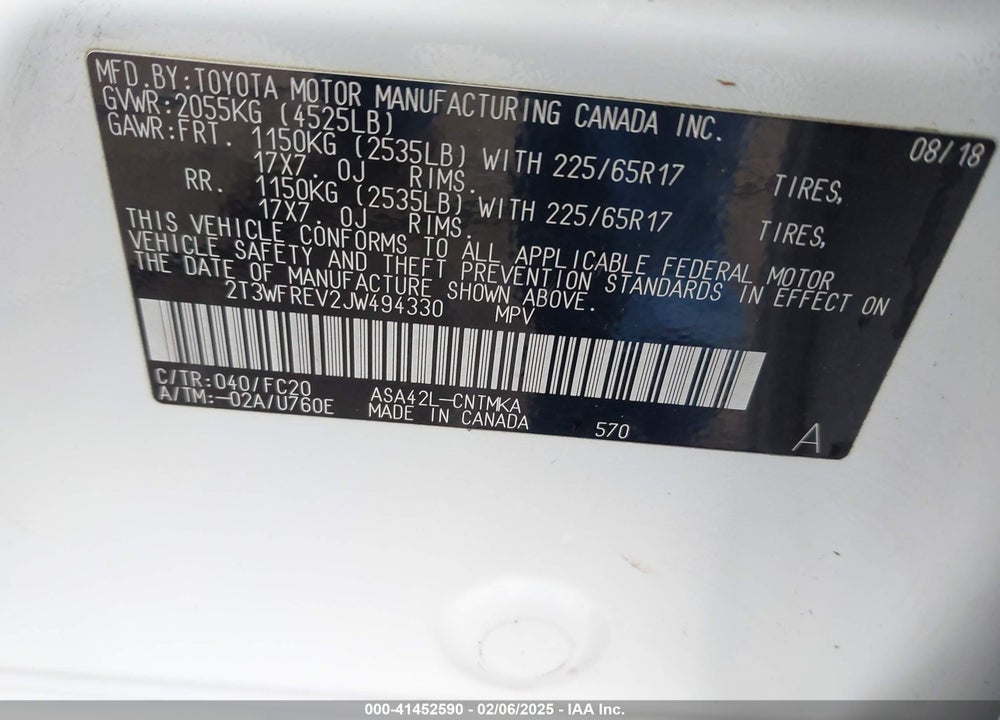 2018 TOYOTA RAV4 XLE VIN: 2T3WFREV2JW494330
