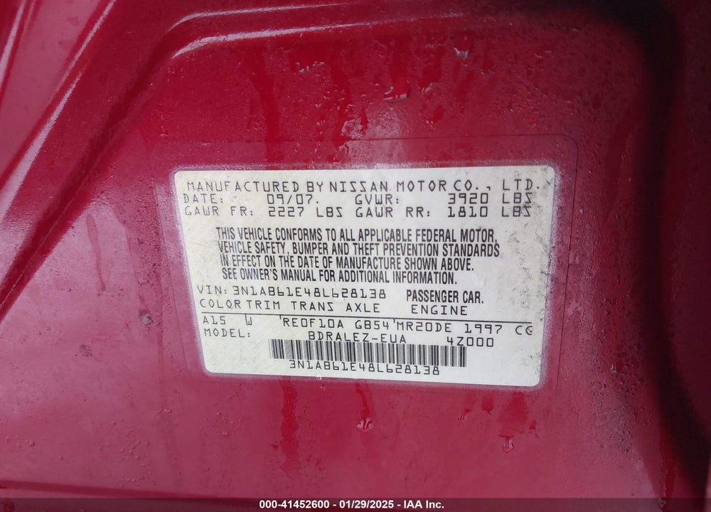 2008 NISSAN SENTRA VIN: 3N1AB61E48L628138