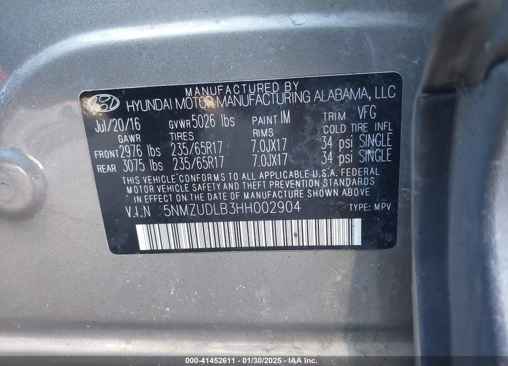 2017 HYUNDAI SANTA FE SPORT 2.4L VIN: 5NMZUDLB3HH002904