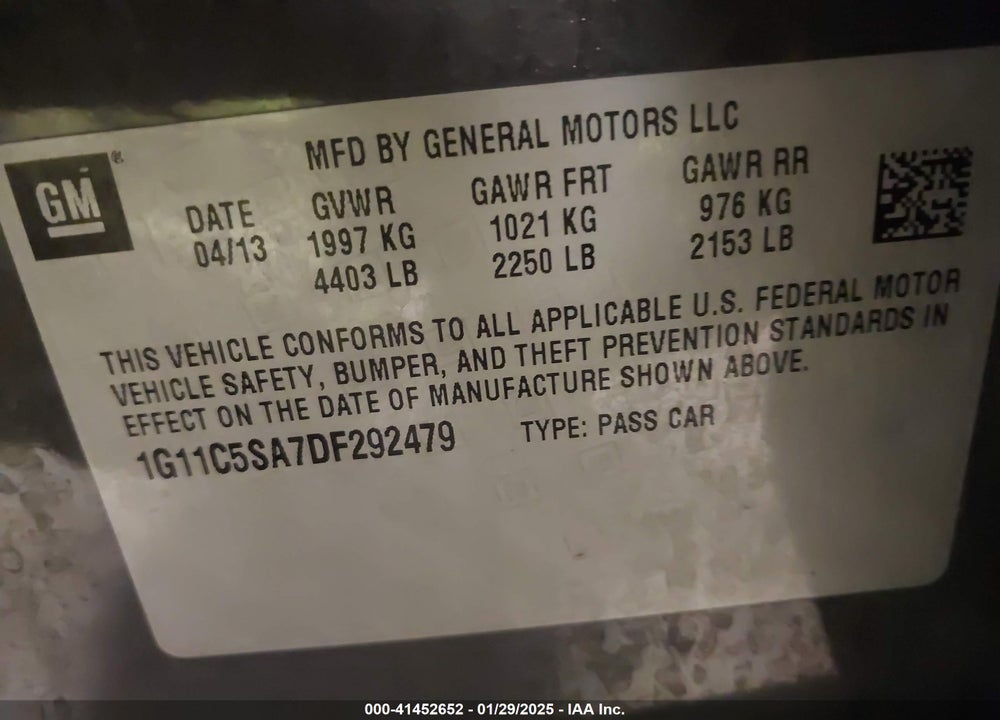 2013 CHEVROLET MALIBU VIN: 1G11C5SA7DF292479