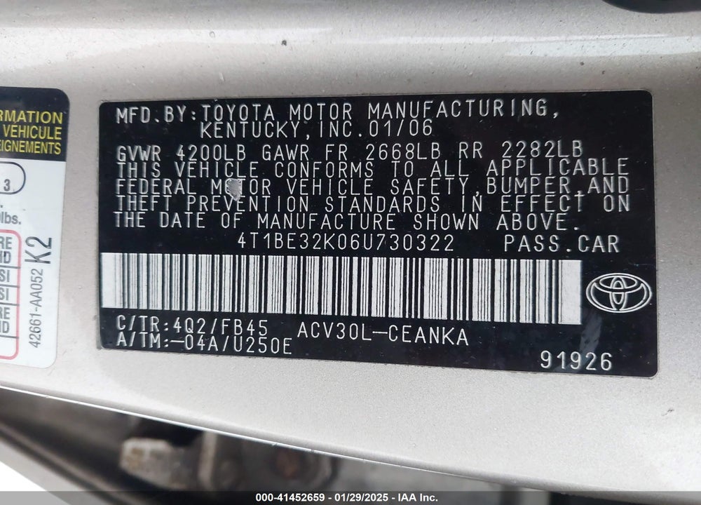 2006 TOYOTA CAMRY LE VIN: 4T1BE32K06U730322