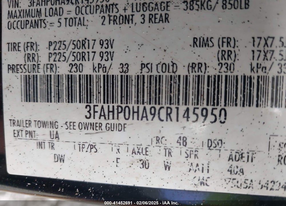 2012 FORD FUSION SE VIN: 3FAHP0HA9CR145950