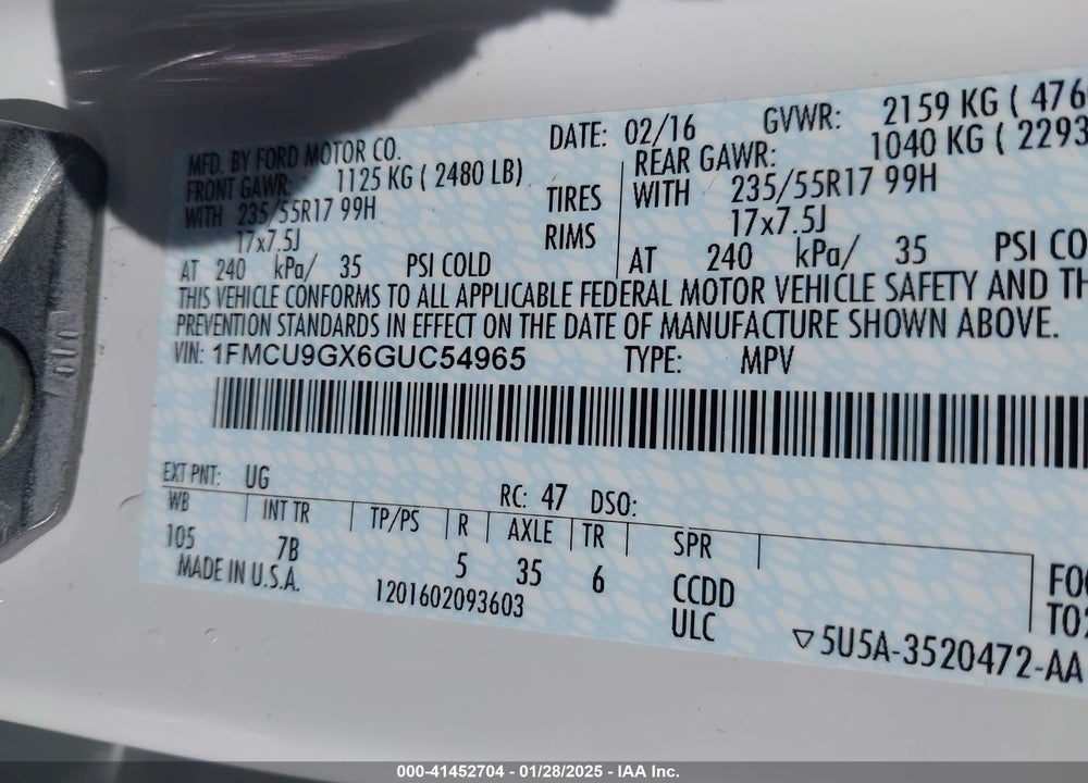 2016 FORD ESCAPE SE VIN: 1FMCU9GX6GUC54965