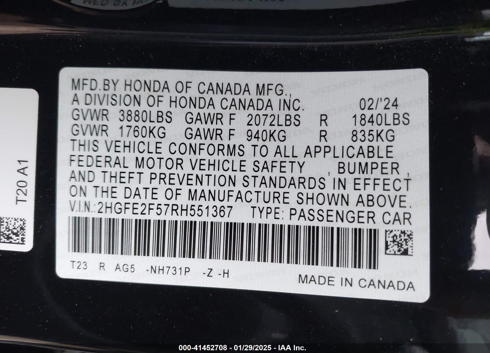 2024 HONDA CIVIC VIN: 2HGFE2F57RH551367