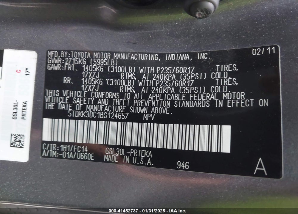 2011 TOYOTA SIENNA LE V6 VIN: 5TDKK3DC1BS124657