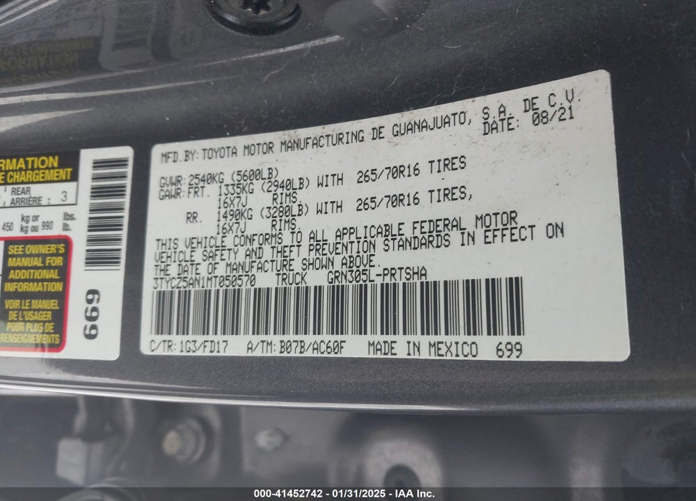 2021 TOYOTA TACOMA VIN: 3TYCZ5AN1MT050570