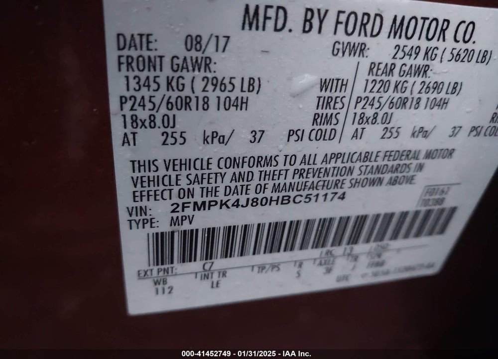 2017 FORD EDGE SEL VIN: 2FMPK4J80HBC51174