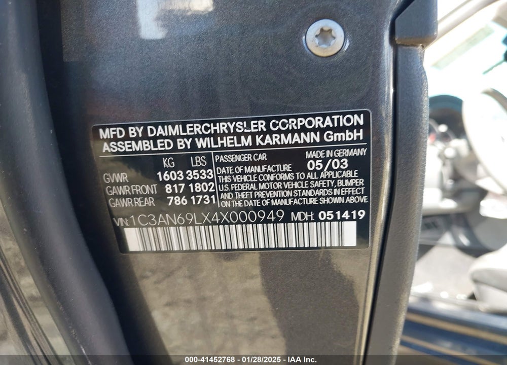 2004 CHRYSLER CROSSFIRE VIN: 1C3AN69LX4X000949