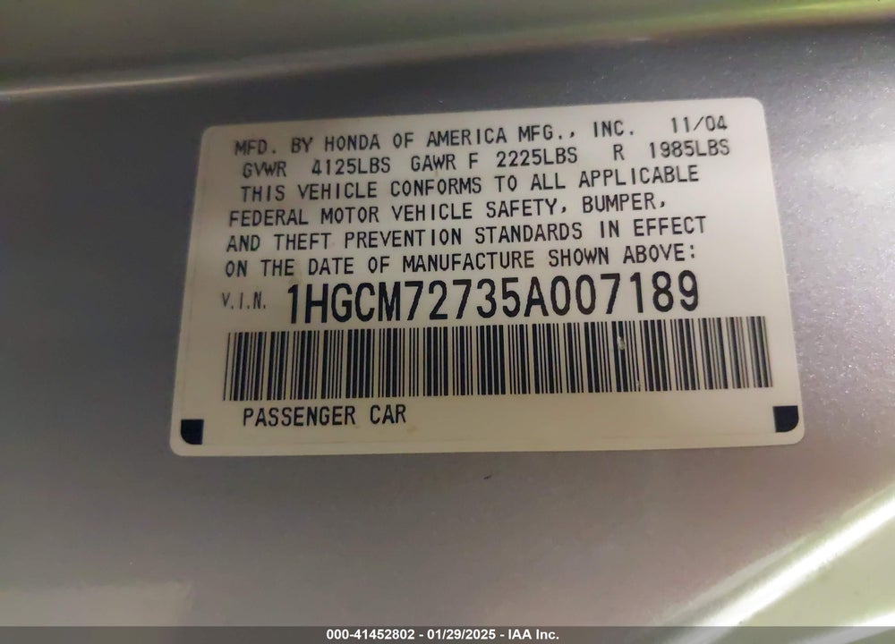 2005 HONDA ACCORD 2.4 EX VIN: 1HGCM72735A007189