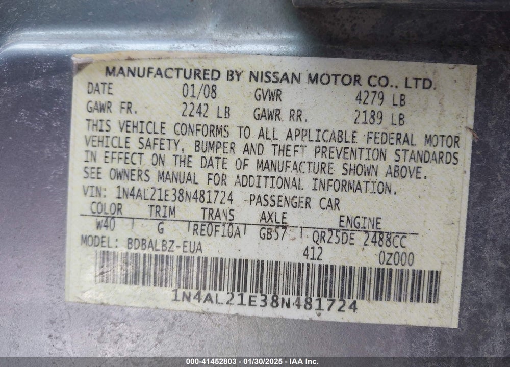 2008 NISSAN ALTIMA 2.5 S VIN: 1N4AL21E38N481724