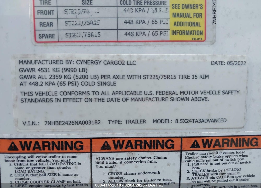 2022 CYNERGY 8.5X24 CARGO TRAILER VIN: 7NHBE2426NA003182