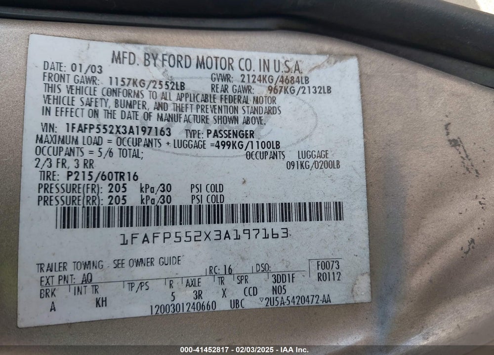 2003 FORD TAURUS SES VIN: 1FAFP552X3A197163