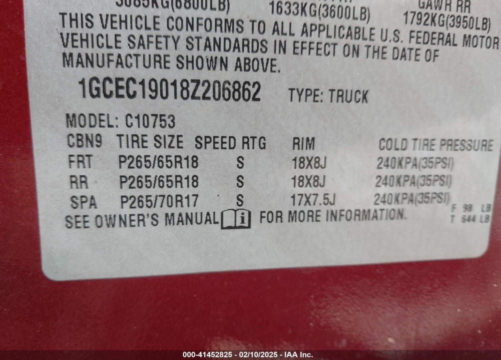 2008 CHEVROLET SILVERADO 1500 VIN: 1GCEC19018Z206862