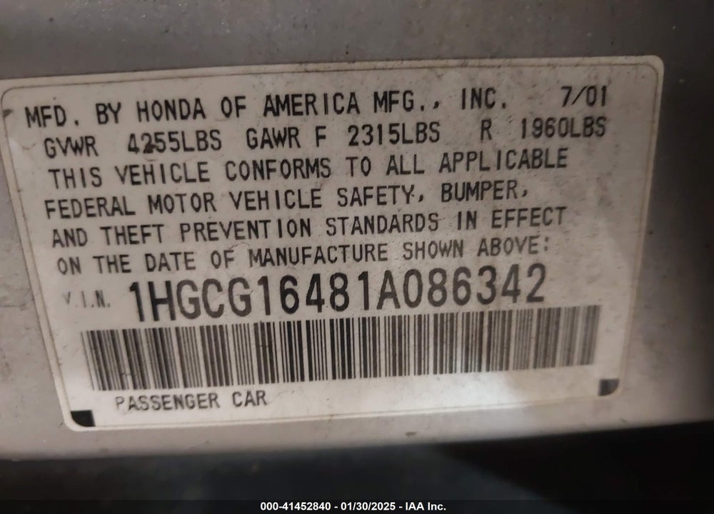 2001 HONDA ACCORD 3.0 LX VIN: 1HGCG16481A086342