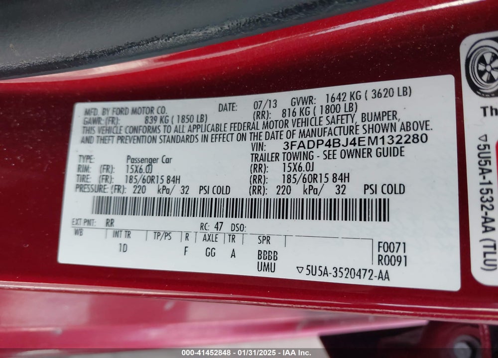 2014 FORD FIESTA VIN: 3FADP4BJ4EM132280