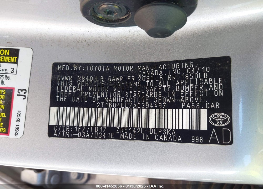 2010 TOYOTA COROLLA S VIN: 2T1BU4EE7AC394497