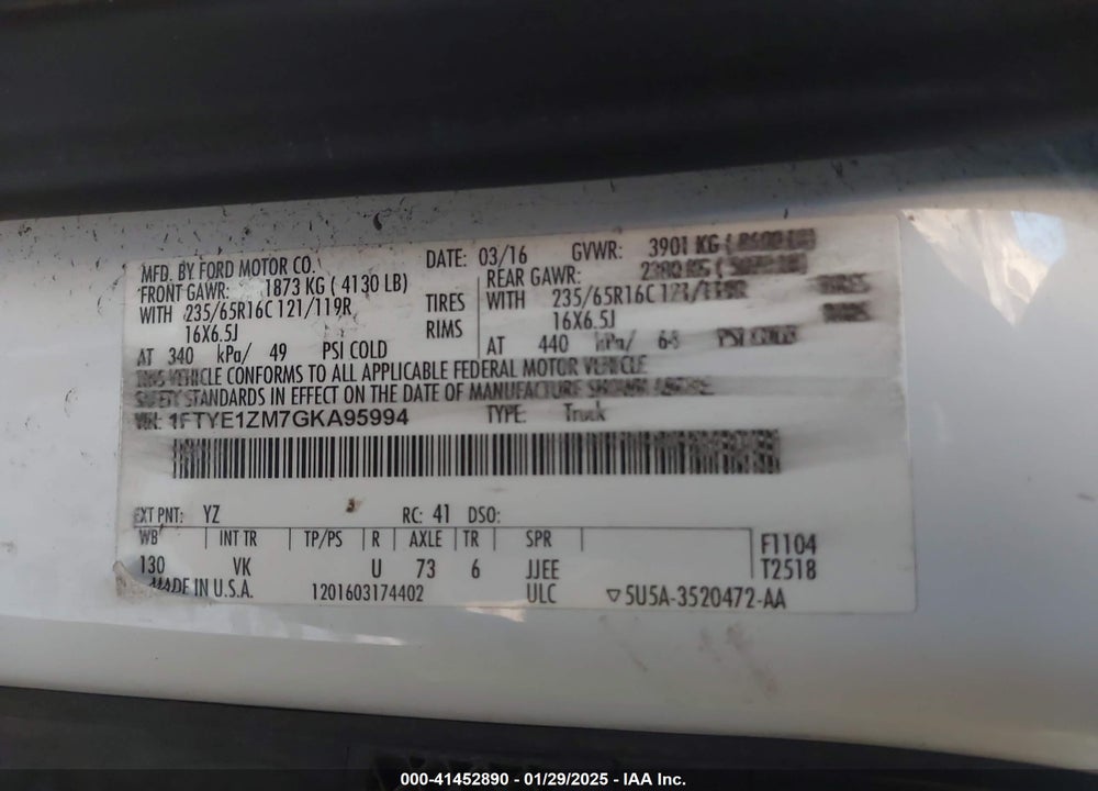 2016 FORD TRANSIT-150 VIN: 1FTYE1ZM7GKA95994