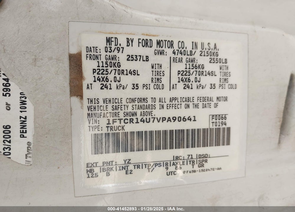 1997 FORD RANGER SPLASH/XL/XLT VIN: 1FTCR14U7VPA90641