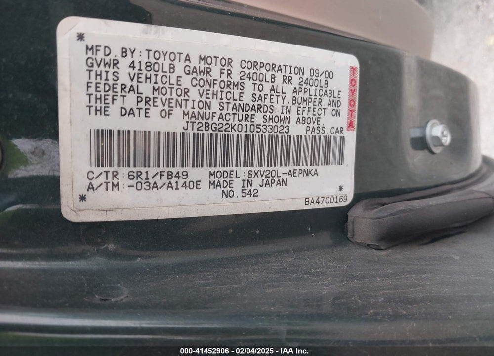 2001 TOYOTA CAMRY LE VIN: JT2BG22K010533023