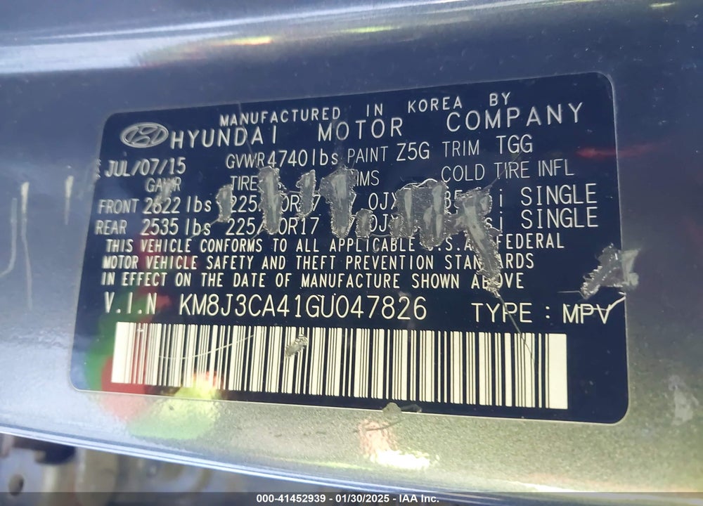 2016 HYUNDAI TUCSON VIN: KM8J3CA41GU047826