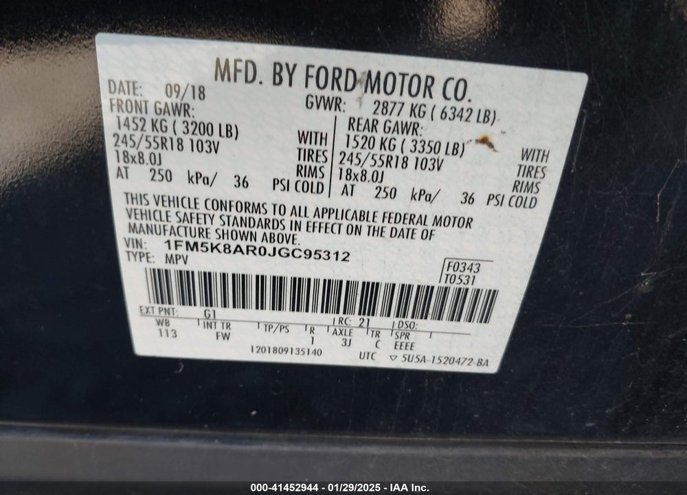 2018 FORD POLICE INTERCEPTOR VIN: 1FM5K8AR0JGC95312