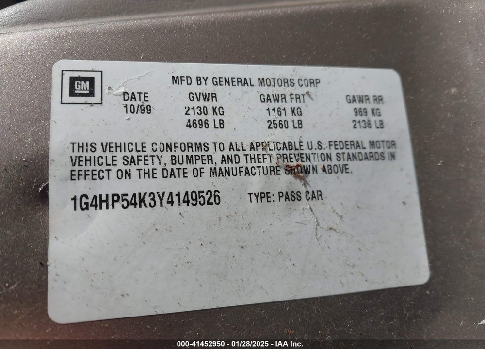 2000 BUICK LESABRE CUSTOM VIN: 1G4HP54K3Y4149526