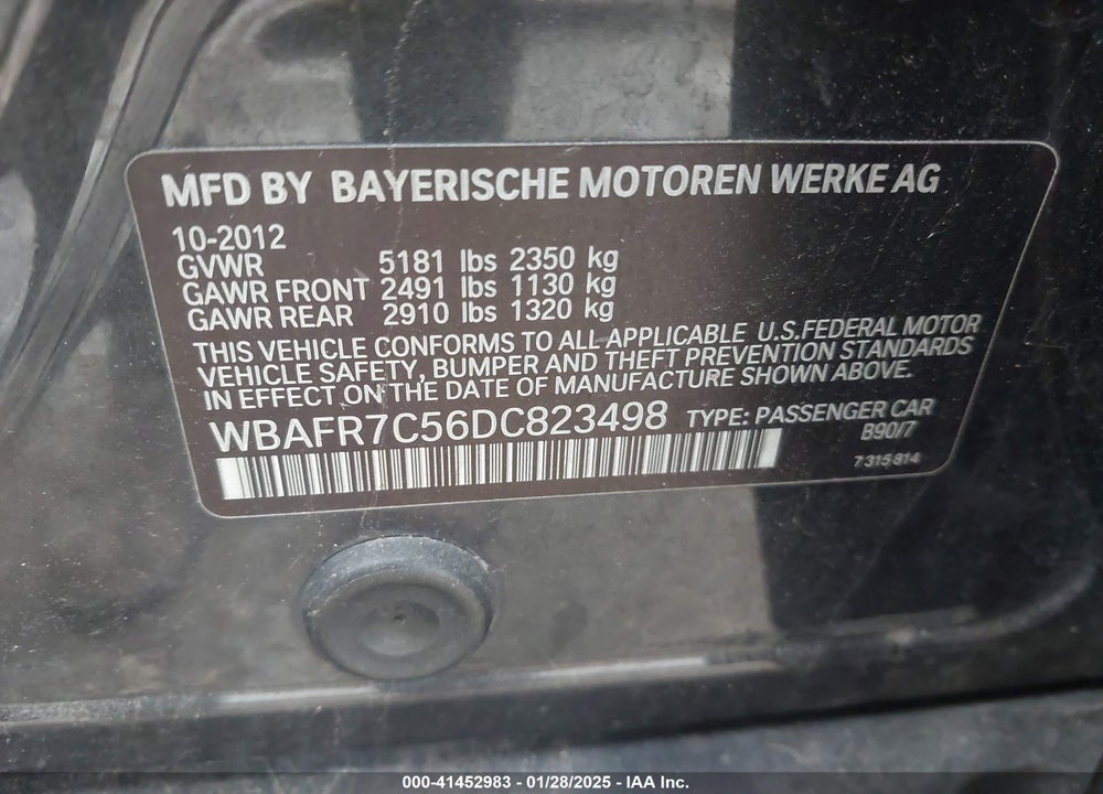 2013 BMW 535I VIN: WBAFR7C56DC823498