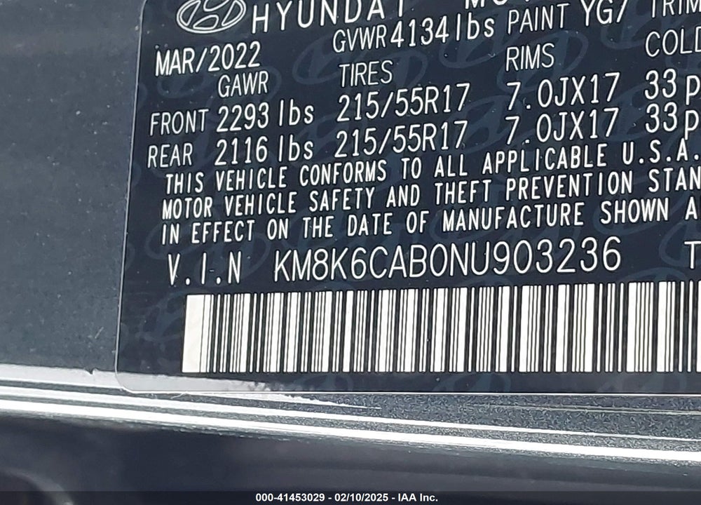 2022 HYUNDAI KONA VIN: KM8K6CAB0NU903236