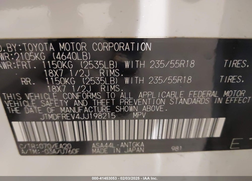 2018 TOYOTA RAV4 LIMITED VIN: JTMDFREV4JJ198215