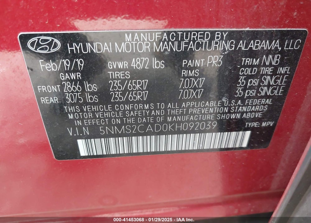 2019 HYUNDAI SANTA FE SE VIN: 5NMS2CAD0KH092039