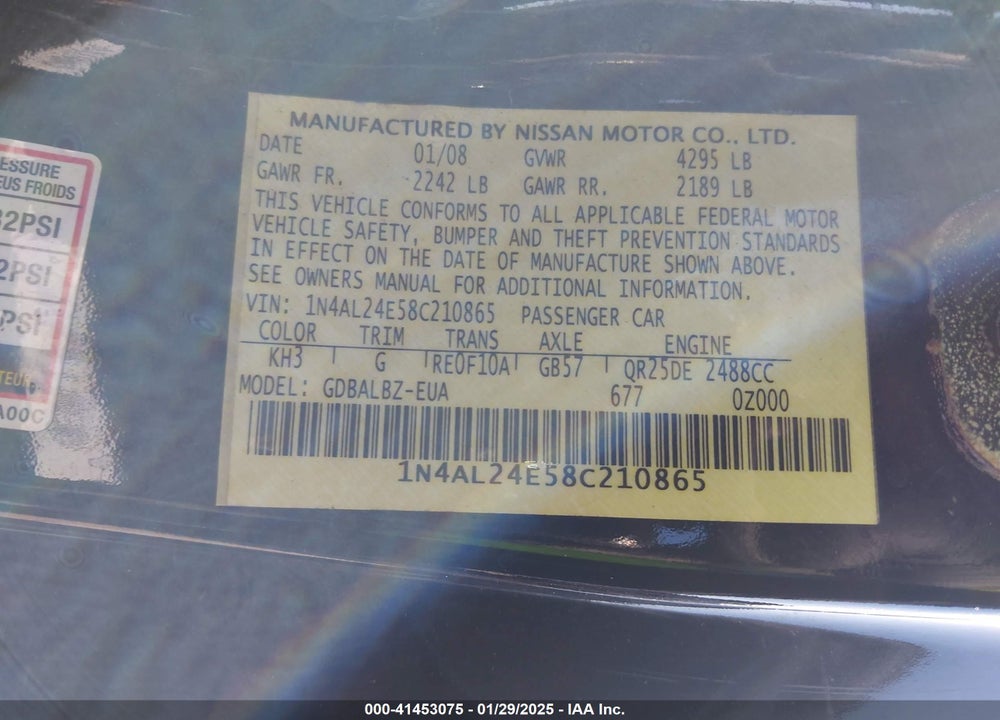 2008 NISSAN ALTIMA VIN: 1N4AL24E58C210865