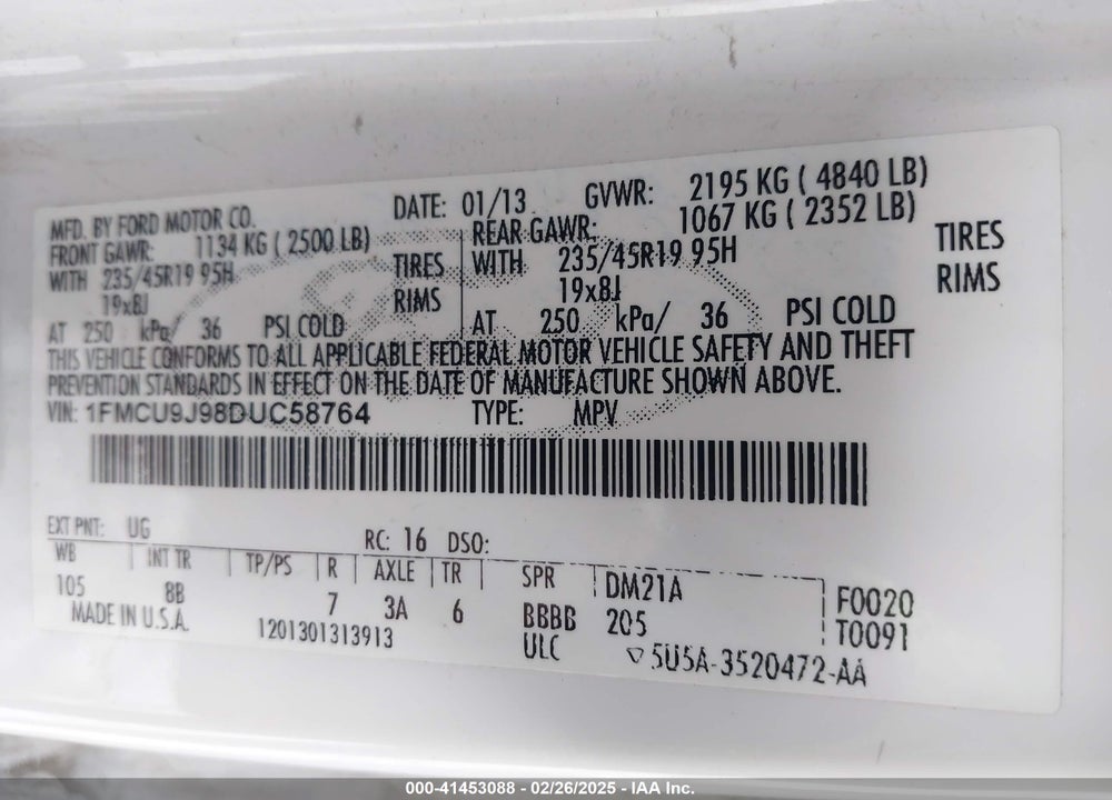 2013 FORD ESCAPE TITANIUM VIN: 1FMCU9J98DUC58764