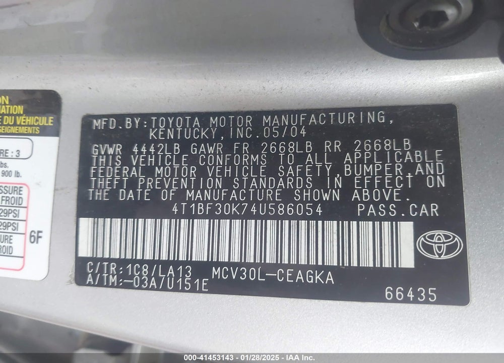 2004 TOYOTA CAMRY XLE V6 VIN: 4T1BF30K74U586054