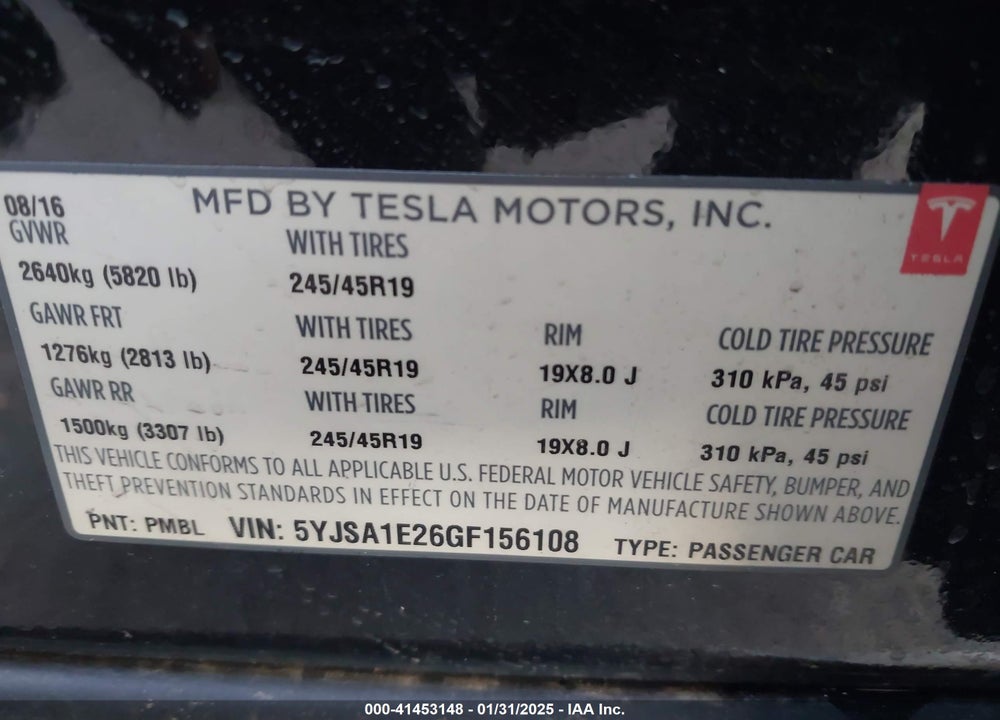 2016 TESLA MODEL S VIN: 5YJSA1E26GF156108
