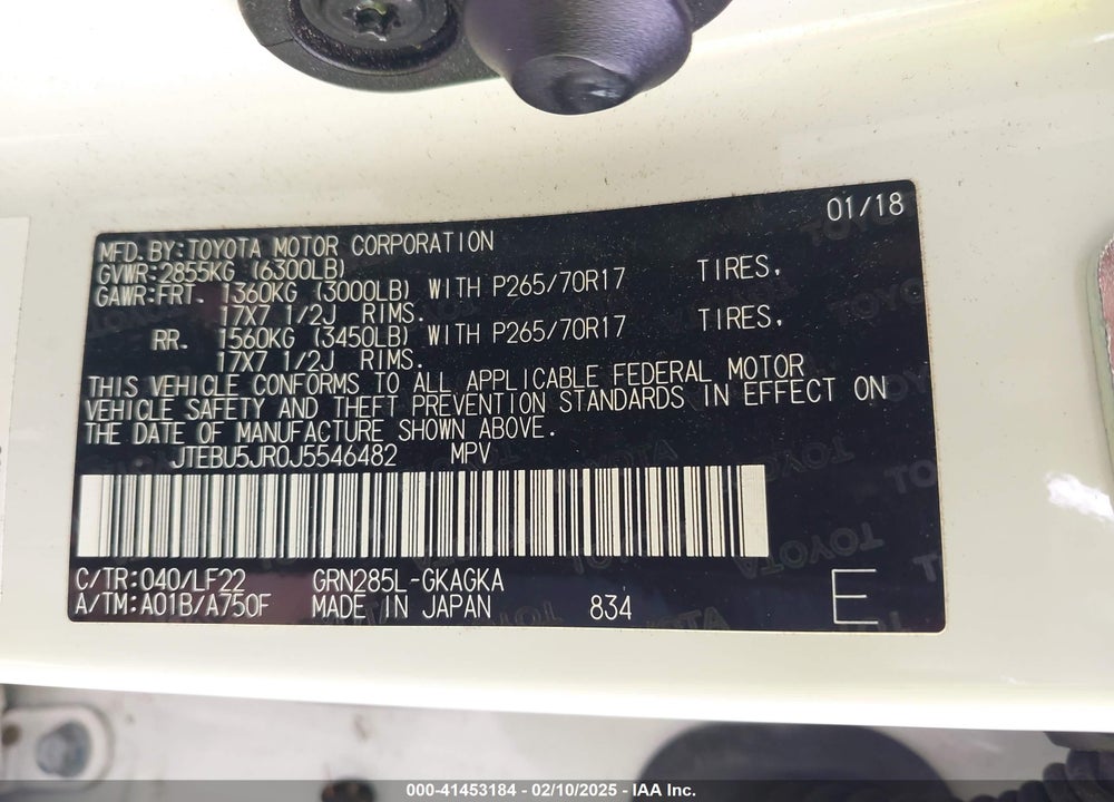 2018 TOYOTA 4RUNNER TRD PRO VIN: JTEBU5JR0J5546482