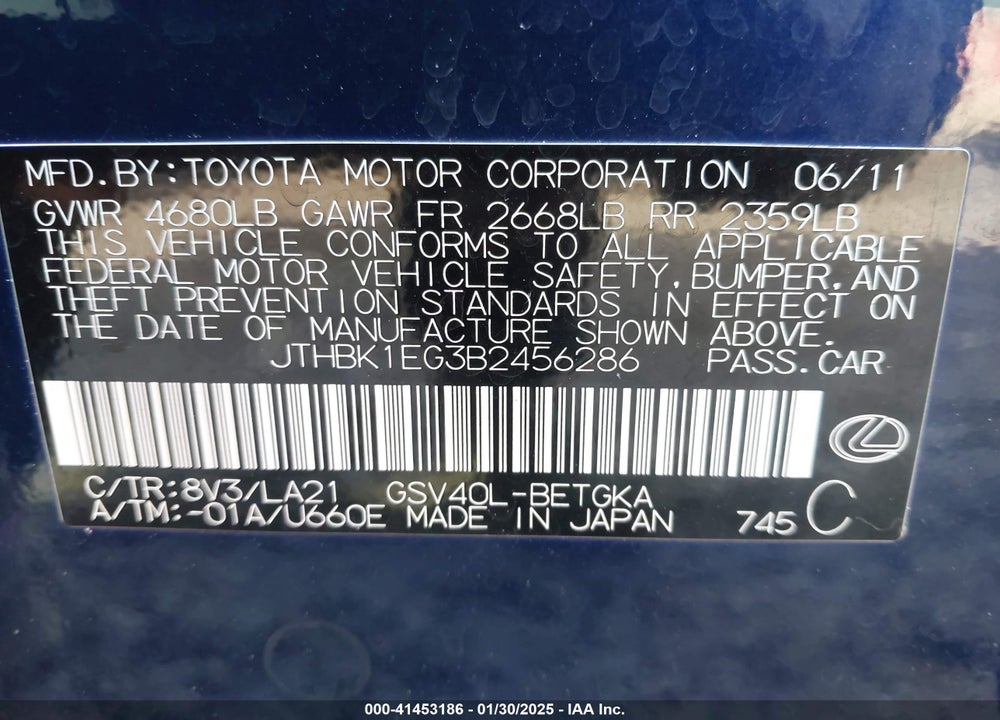 2011 LEXUS ES 350 VIN: JTHBK1EG3B2456286