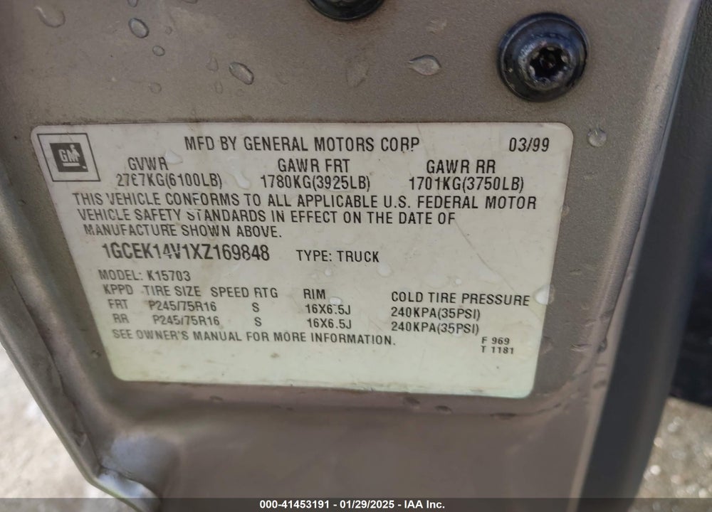 1999 CHEVROLET SILVERADO 1500 VIN: 1GCEK14V1XZ169848