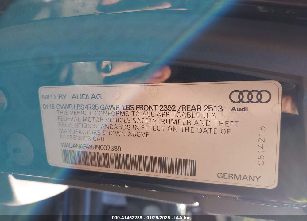 2017 AUDI A4 VIN: WAUANAF48HN007389