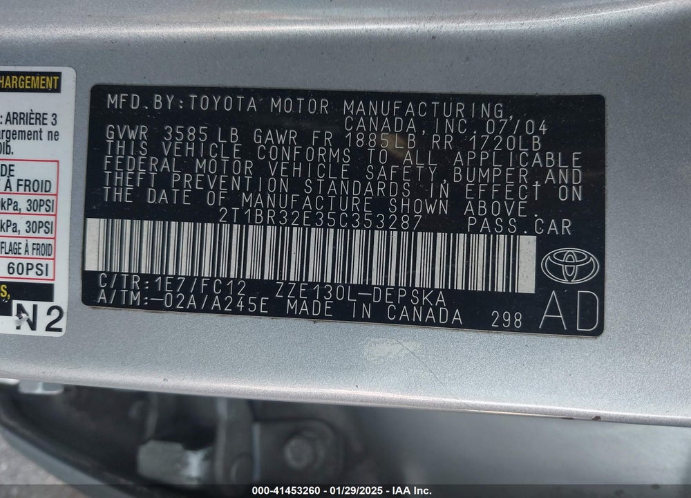 2005 TOYOTA COROLLA S VIN: 2T1BR32E35C353287