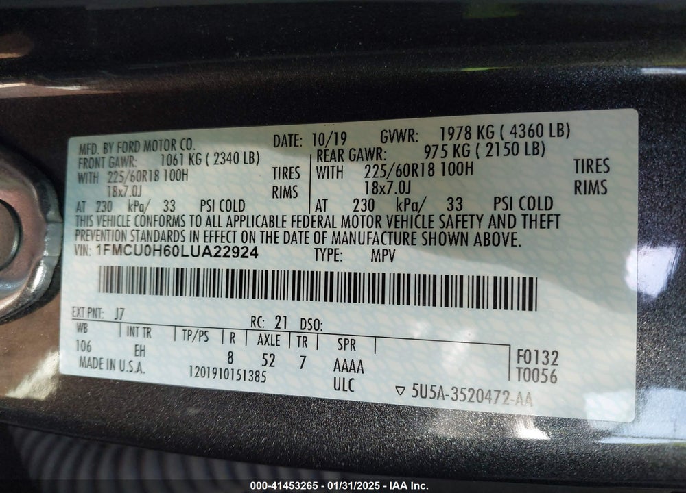 2020 FORD ESCAPE VIN: 1FMCU0H60LUA22924